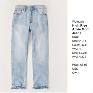 Abercrombie & Fitch High Rise Ankle Mom Jeans light wash size 27